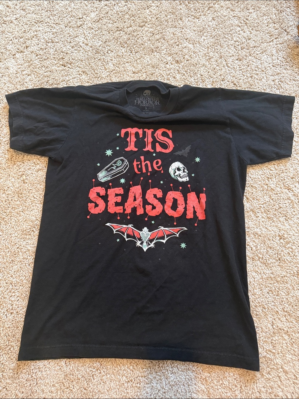 Universal Black Tee with Red Halloween 'Tis the Season' Graphic